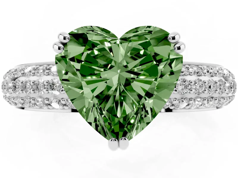 Heart-Shaped Three Row Pave Engagement Ring Setting for a Fancy Green Lab-Grown Diamond | White Gold