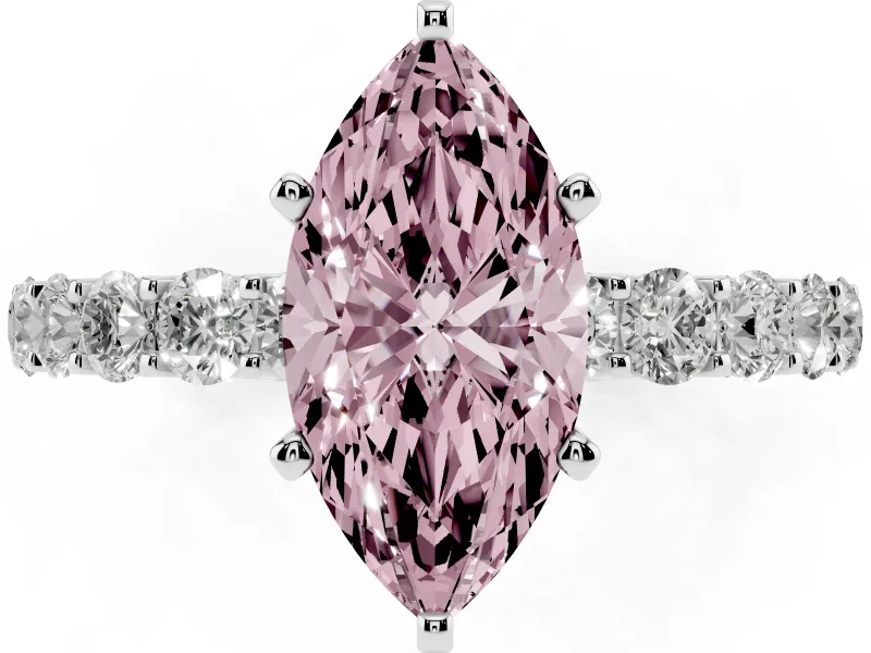 Fancy Pink Marquise Cut Diamond Solitaire Ring Set in Platinum with Shared Prong Pavé Band