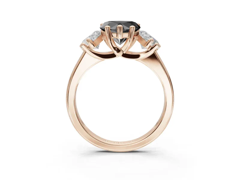 Heart-Shaped Three Stone Engagement Ring Setting for a Black Center | Tapered Band | Rose Gold