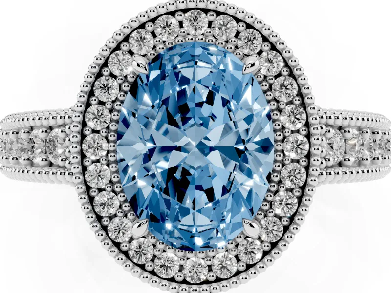 Fancy Blue Oval Cut Diamond Halo Ring Set in White gold with Round Accent Halo, Pavé Band and Prong Setting