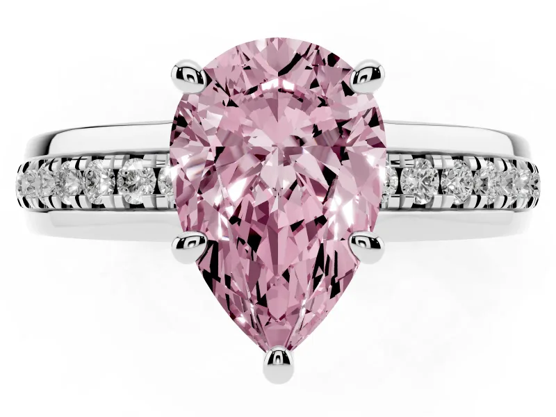 Fancy Pink Pear Cut Diamond Solitaire Ring Set in Platinum with Channel Set Band and Prong Setting