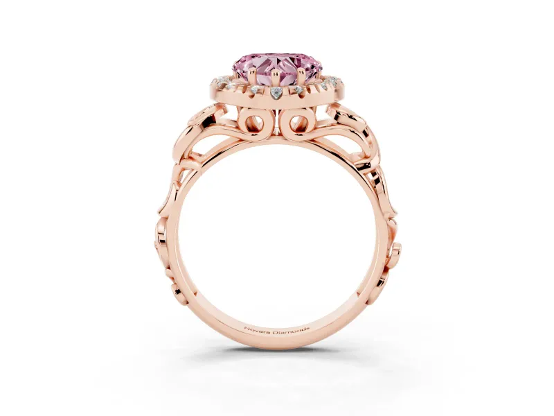 Fancy Pink Heart Cut Diamond Halo Ring Set in Rose gold with Scrollwork Band and Prong Setting