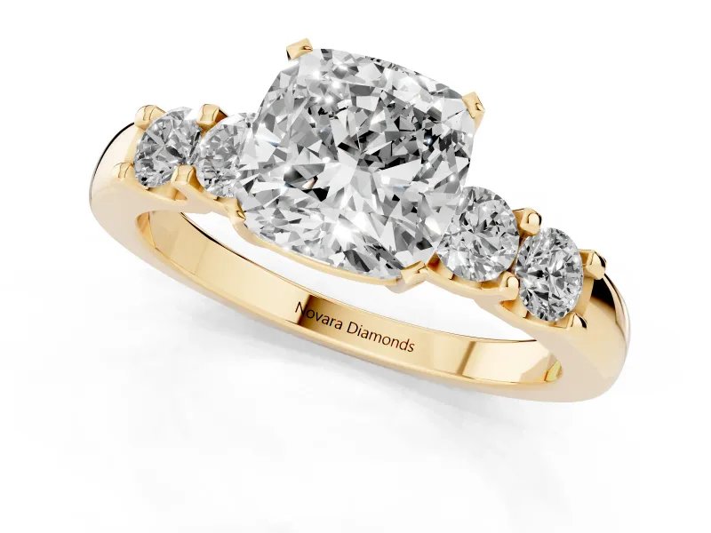 Cushion Cut Five Stone Engagement Ring Setting | Prong-Set Side Stones | Yellow Gold