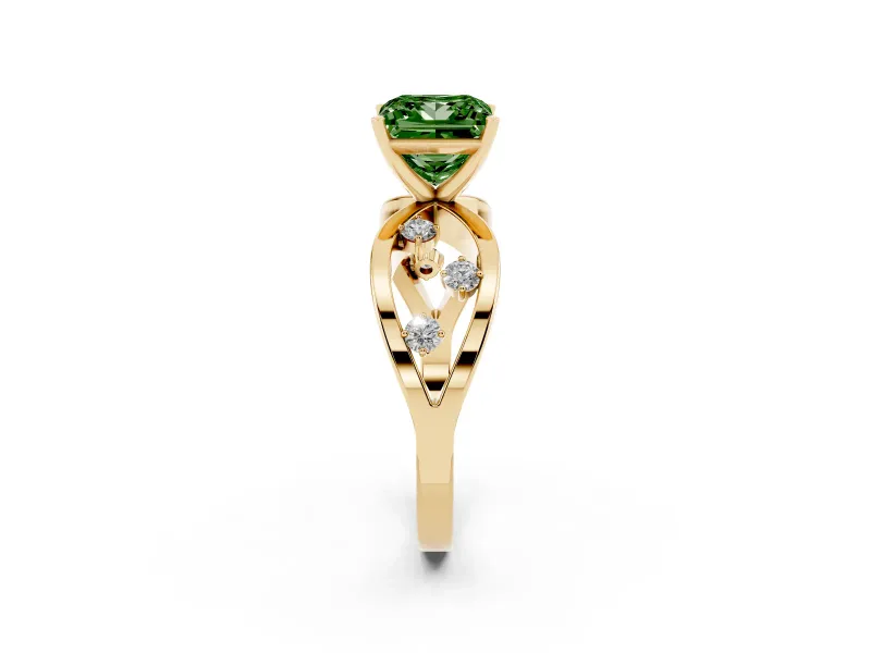 Fancy Green Princess Cut Diamond Solitaire Ring Set in Yellow gold with Side Stones on Criss-Cross Band and Prong Setting