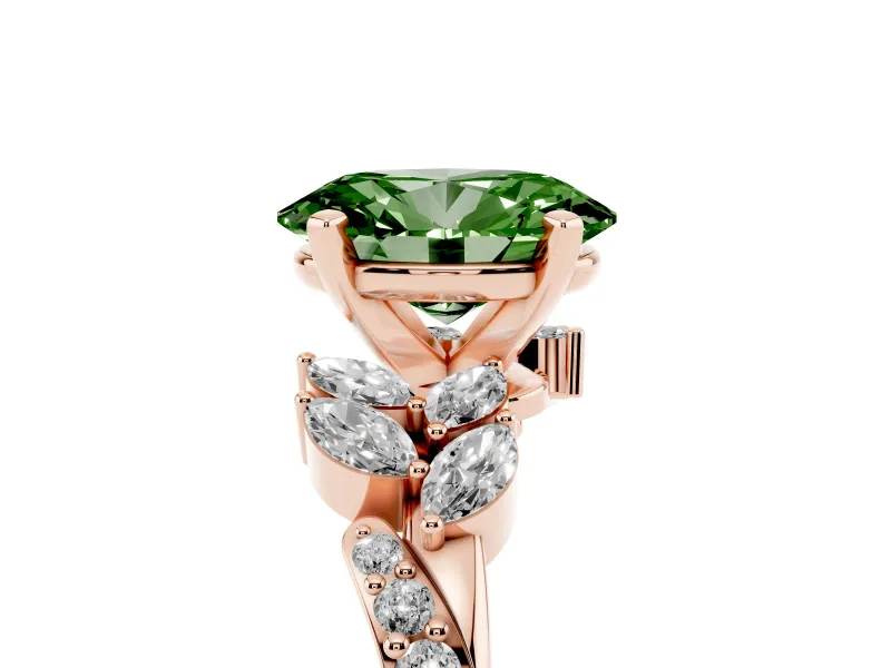 Fancy Green Oval Cut Diamond Solitaire Ring Set in Rose gold with Marquise Twist Band and Prong Setting