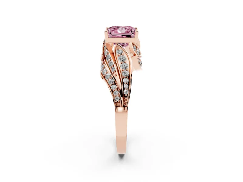 Fancy Pink Princess Cut Diamond Solitaire Ring Set in Rose gold with Layered Twist Pavé Band