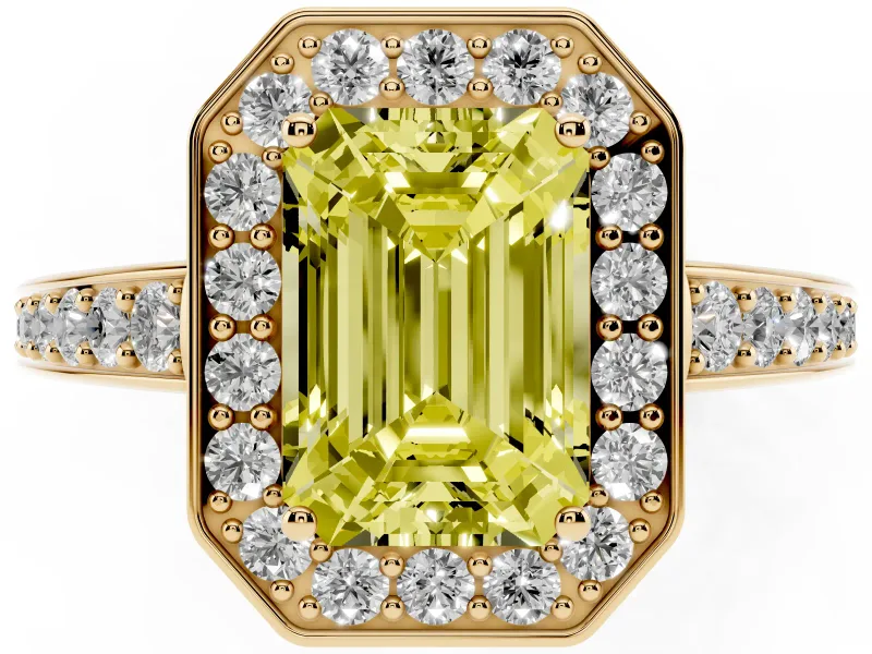 Fancy Yellow Emerald Cut Diamond Halo Pavé Engagement Ring Set in Yellow gold with Bezel Setting