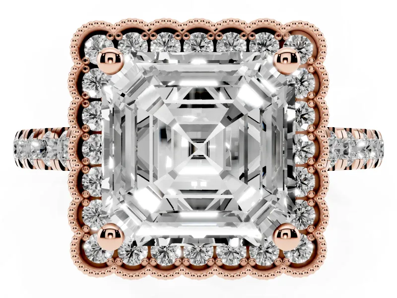 Asscher Cut Diamond Milgrain Floral Halo Engagement Ring Set in Rose gold with Pavé Band