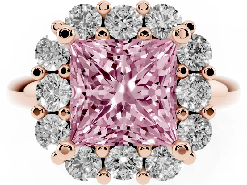 Princess Cut Cluster Halo Engagement Ring Setting for a Fancy Pink Lab-Grown Diamond | Large Round Accents | Rose Gold