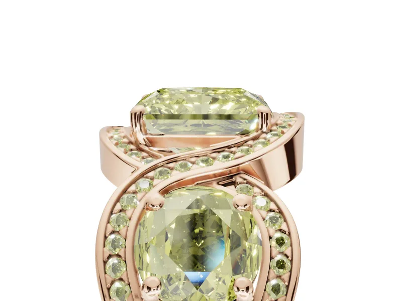 Radiant Cut Three Stone Halo Engagement Ring Setting for a Fancy Yellow Lab-Grown Diamond | Pavé Wave Band | Rose Gold