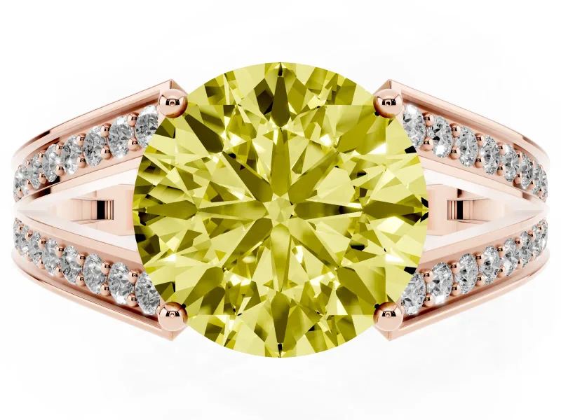 Fancy Yellow Round Cut Diamond Split Shank Ring Set in Rose gold with Pavé Band and Prong Setting