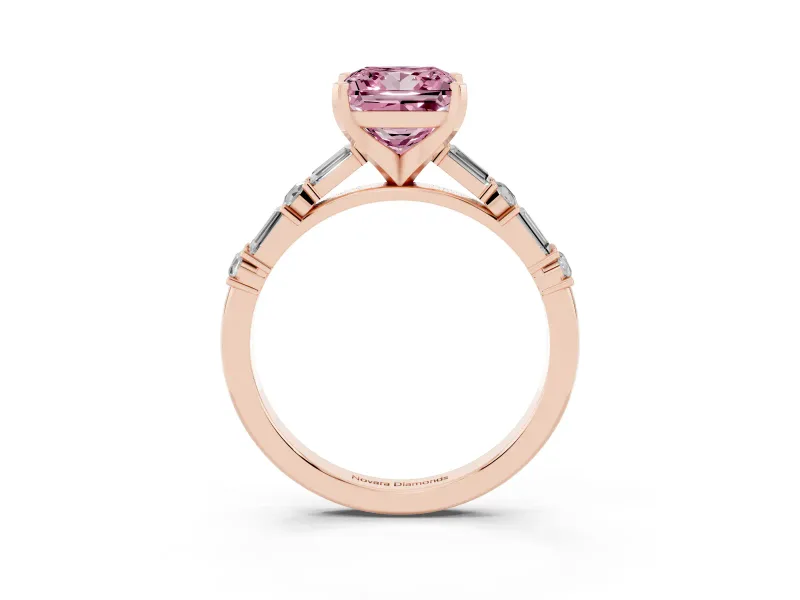 Fancy Pink Princess Cut Diamond Solitaire Set in Rose gold with Side Baguettes and Channel Set Band