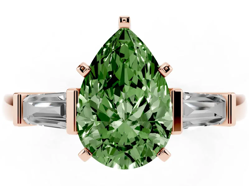 Fancy Green Pear Cut Diamond Solitaire Ring Set in Rose gold with Tapered Baguette Accents and Prong Setting