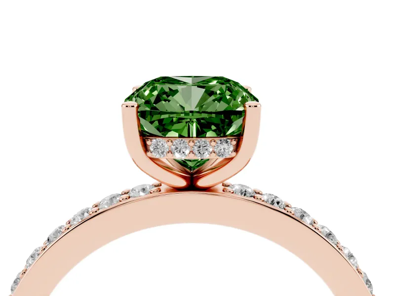 Fancy Green Cushion Cut Diamond Pavé Band Ring Set in Rose gold with Prong-Set Center Stone