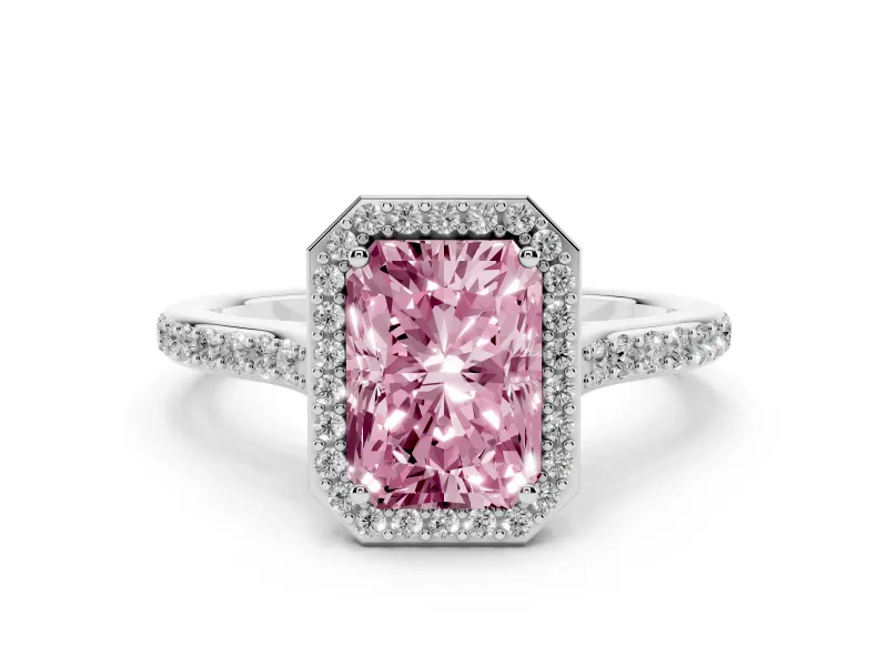 Fancy Pink Radiant Cut Diamond Halo Engagement Ring Set in Platinum with Round Pavé Shoulders and Heart Gallery