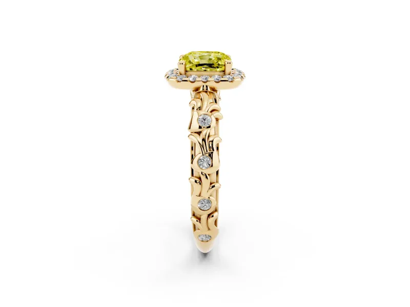 Cushion Cut Leaf Halo Engagement Ring Setting for a Fancy Yellow Lab-Grown Diamond | Bezel Accents | Yellow Gold
