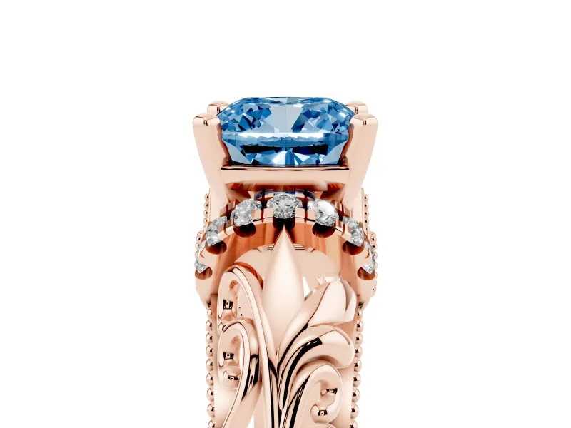 Fancy Blue Cushion Cut Diamond Filigree Halo Engagement Ring Set in Rose gold with Prong Setting