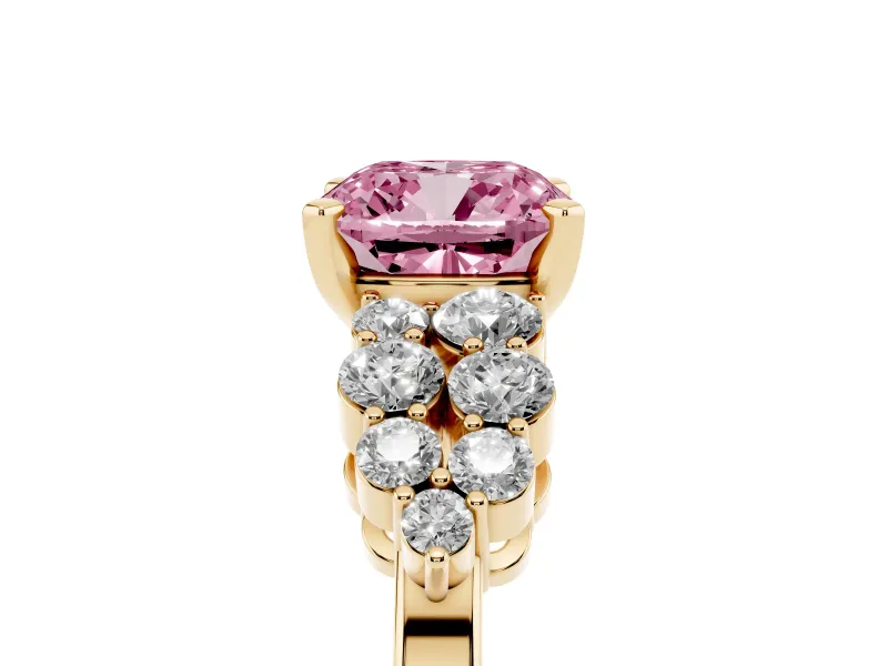 Cushion Cut Side Stone Engagement Ring Setting for a Fancy Pink Lab-Grown Diamond | Shoulder Clusters | Yellow Gold