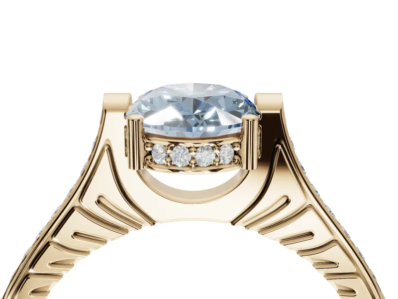 Oval Vintage Cathedral Engagement Ring Setting for a Fancy Blue Lab-Grown Diamond | Carved Band | Yellow Gold