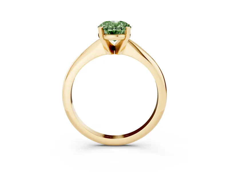 Fancy Green Oval Cut Diamond Solitaire Ring Set in Yellow gold with Prong Setting on a Plain Round Band