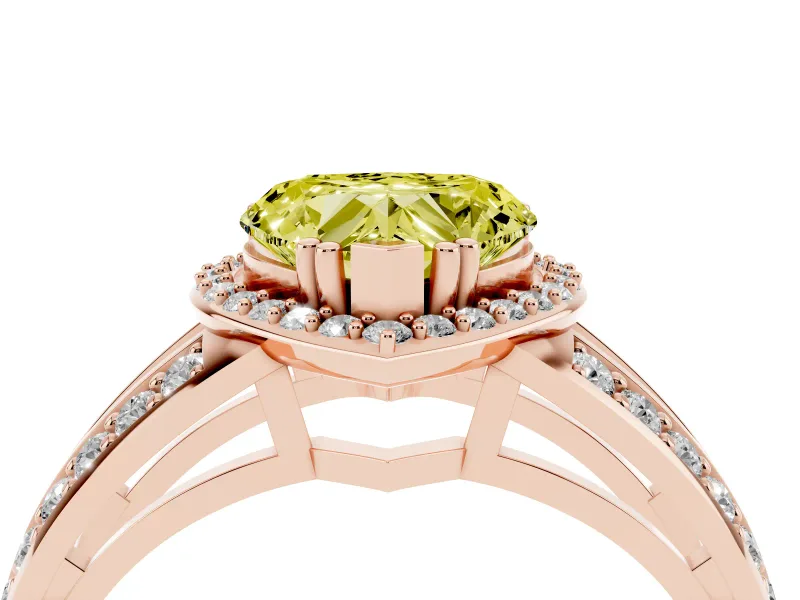 Fancy Yellow Heart Cut Diamond Halo Ring Set in Rose gold with Double Pavé Split Shank