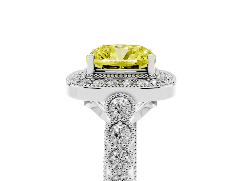 Cushion Cut Graduated Milgrain Halo Engagement Ring Setting for a Fancy Yellow Lab-Grown Diamond | White Gold