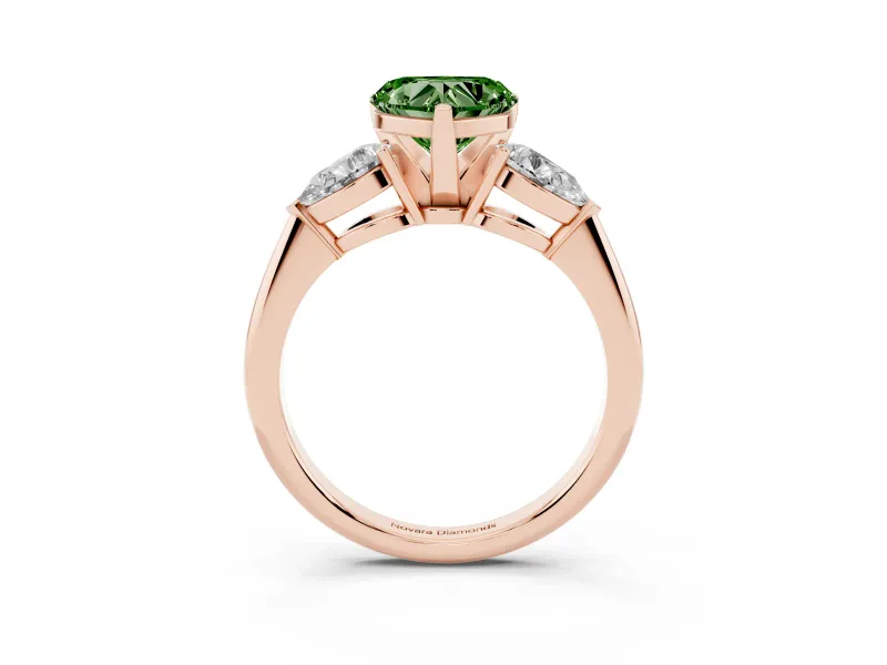 Fancy Green Three-Stone Heart Cut Diamond Ring Set in Rose gold with Pear Side Stones and Prong Setting