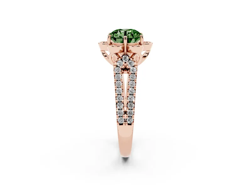 Round Petal Frame Floral Halo Engagement Ring Setting for a Fancy Green Lab-Grown Diamond | Pavé Split Shank | Rose Gold