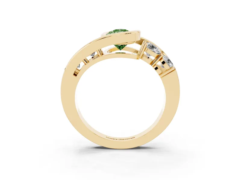 Fancy Green Pear Cut Diamond Bezel Bypass Ring Set in Yellow gold with Round Accents