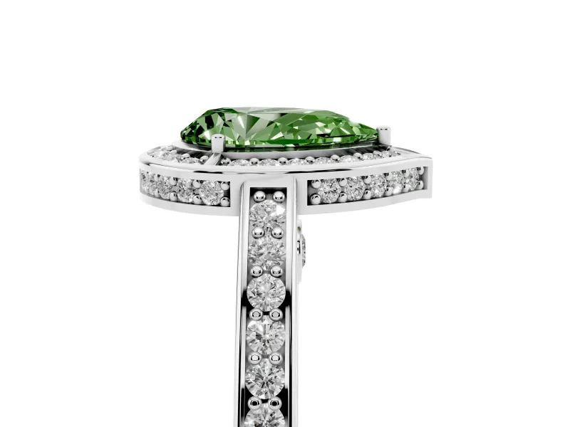 Fancy Green Pear Cut Diamond Halo Pavé Split Shank Ring Set in White gold with Prong Setting
