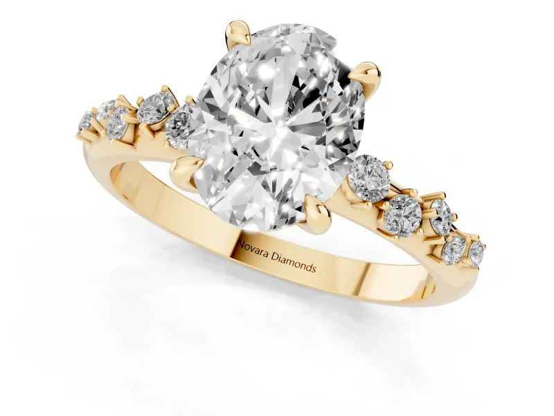 Oval Cut Diamond Solitaire Vine Band Ring Set in Yellow gold with Round Accents and Prong Setting
