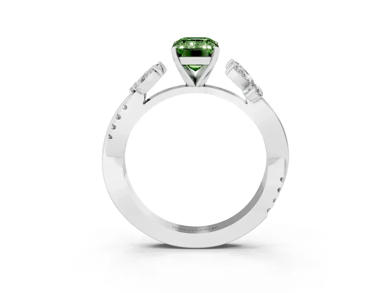 Fancy Green Emerald Cut Diamond Floral Vine Solitaire Engagement Ring Set in Platinum with Marquise Leaves