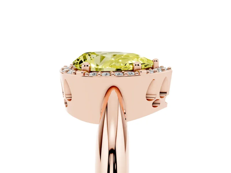 Fancy Yellow Pear Cut Diamond Halo Engagement Ring Set in Rose gold with Plain Split Shank and Prong Setting
