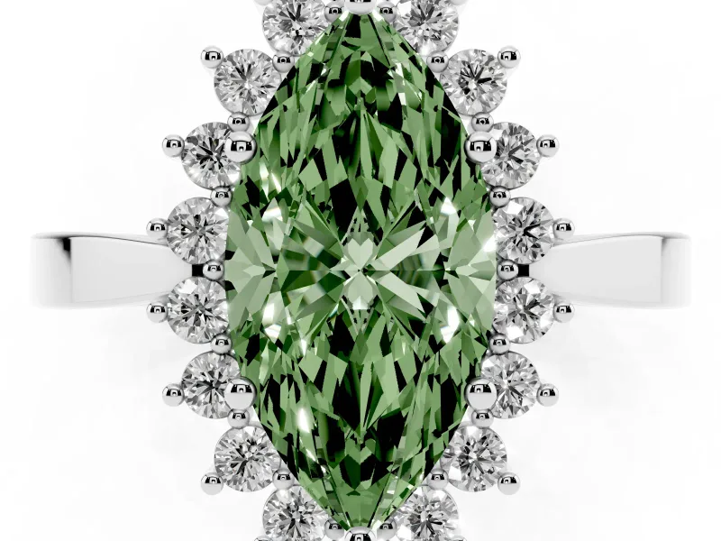 Fancy Green Marquise Cut Diamond Halo Ring Set in Platinum with Round Halo and Smooth Solitaire Band