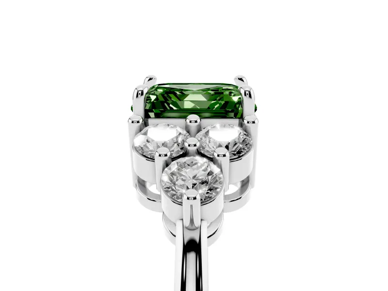 Fancy Green Asscher Cut Diamond Solitaire Ring Set in Silver with Cluster Accents on Each Side