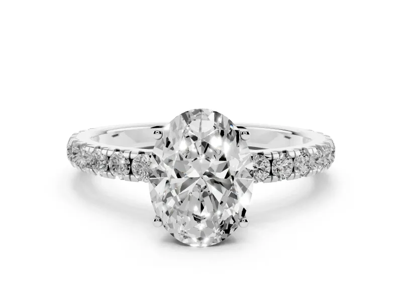 Oval Cut Diamond Pavé Solitaire Engagement Ring Set in Silver with Prong Setting