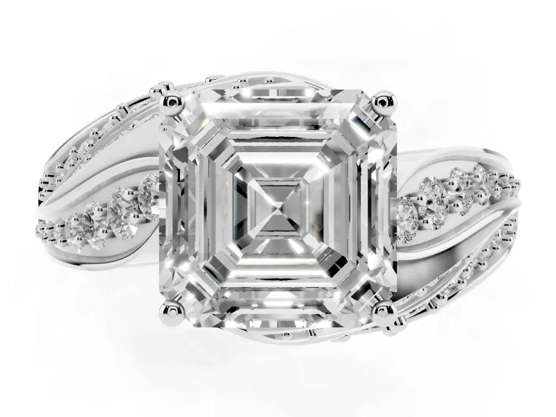 Asscher Cut Bypass Hidden Halo Engagement Ring Setting | Graduated Pavé | Sterling Silver