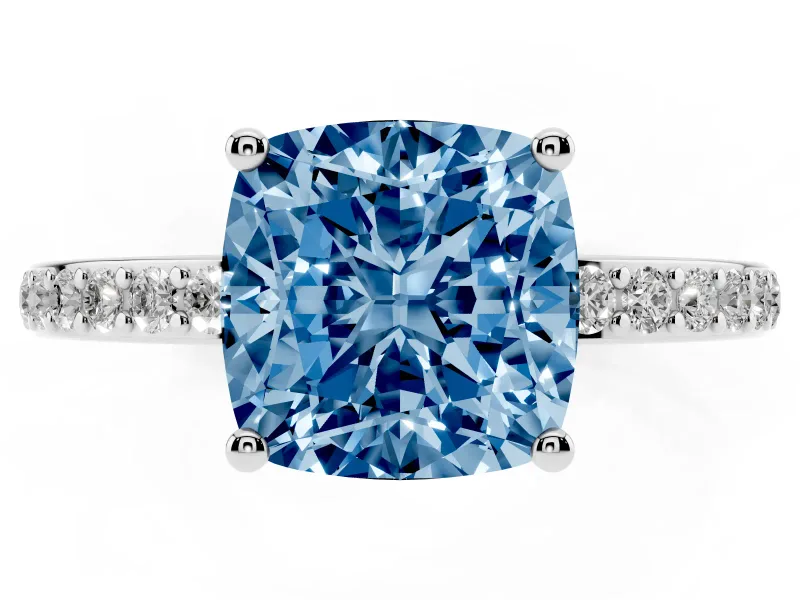 Fancy Blue Cushion Cut Diamond Pavé Band Ring Set in Platinum with Prong-Set Center Stone