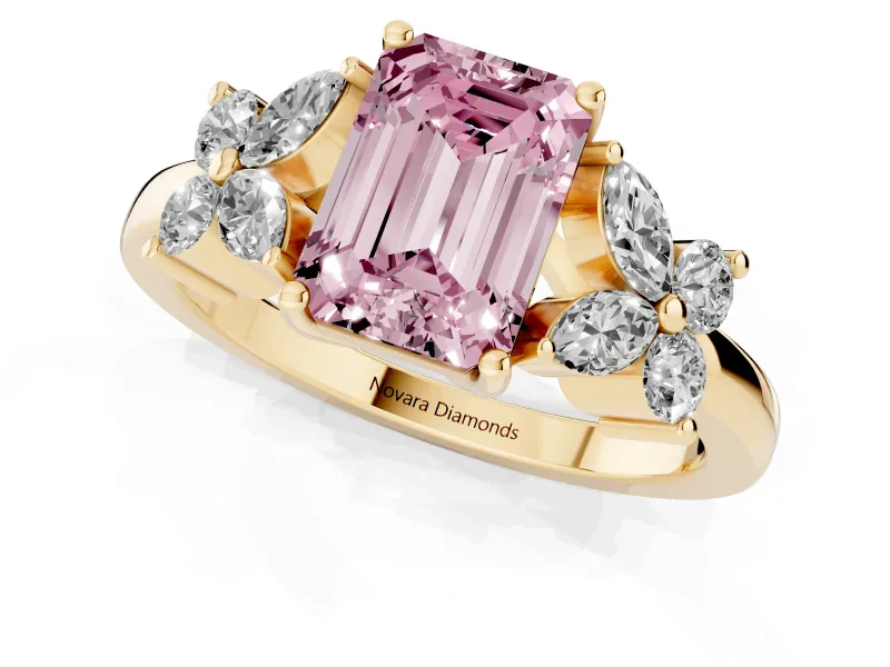 Fancy Pink Emerald Cut Diamond Floral Cluster Ring Set in Yellow gold with Marquise Petals and Prong Setting