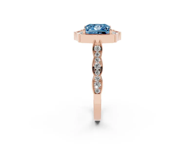 Princess Cut Vintage Scalloped Halo Engagement Ring Setting for a Fancy Blue Lab-Grown Diamond | Pave Band | Rose Gold