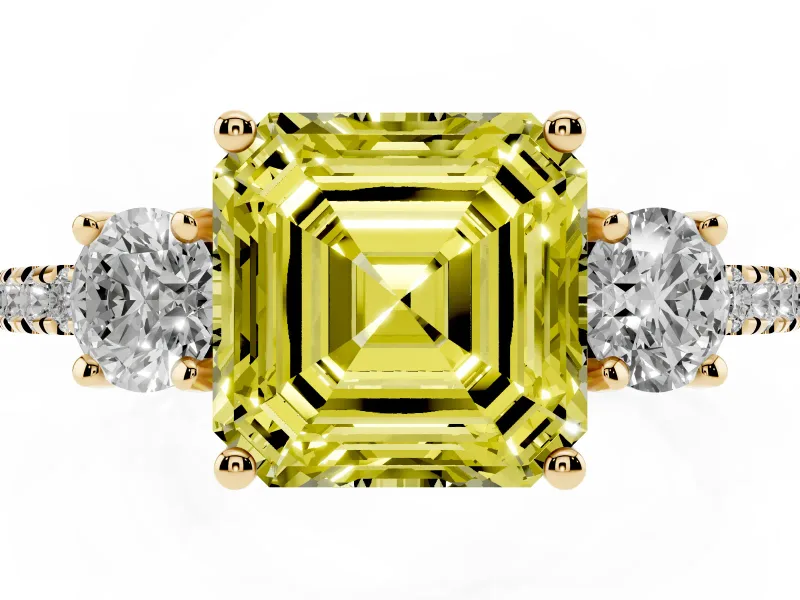 Asscher Cut Three Stone Engagement Ring Setting for a Fancy Yellow Lab-Grown Diamond | Pave Shoulders | Yellow Gold