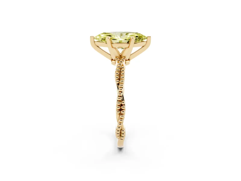 Fancy Yellow Marquise Cut Diamond Solitaire Ring Set in Yellow gold with Twisted Band and Bead Prong Setting