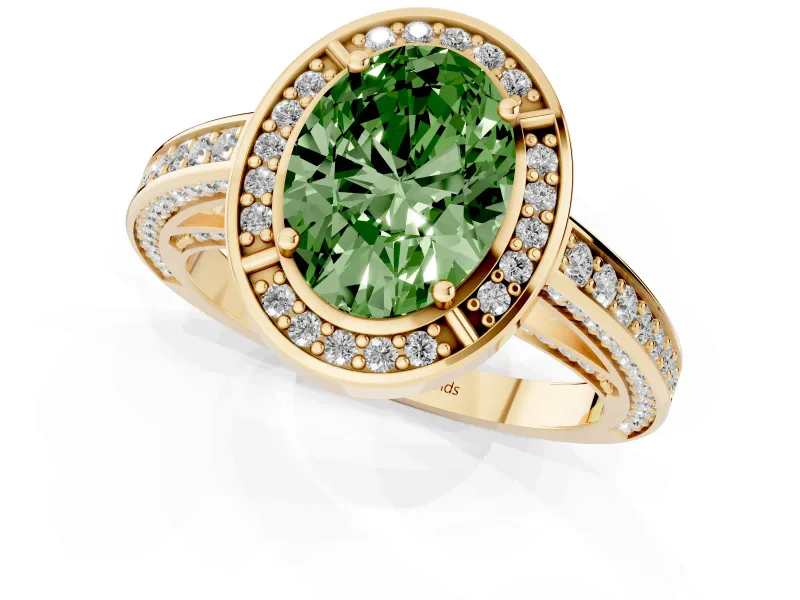 Oval Sectioned Halo Engagement Ring Setting for a Fancy Green Lab-Grown Diamond | Yellow Gold
