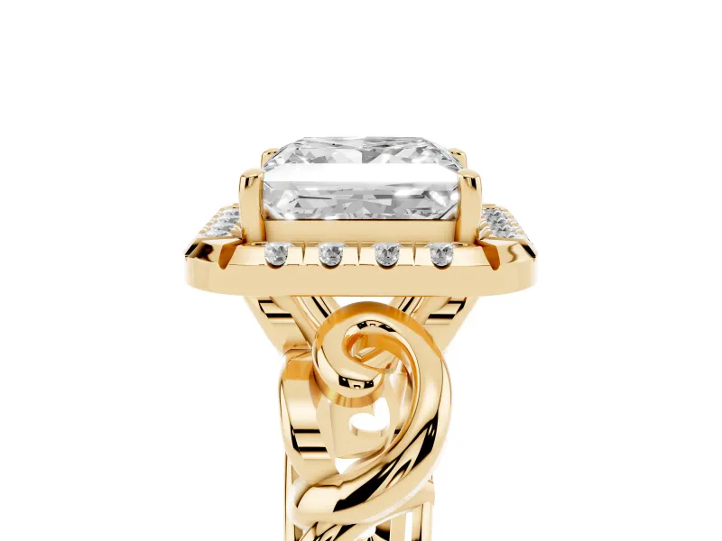 Princess Cut Vintage Filigree Halo Engagement Ring Setting | Scroll Shoulders | Yellow Gold