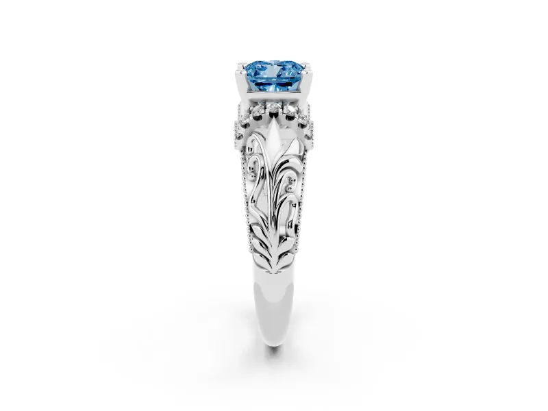 Fancy Blue Cushion Cut Diamond Filigree Halo Engagement Ring Set in Silver with Prong Setting