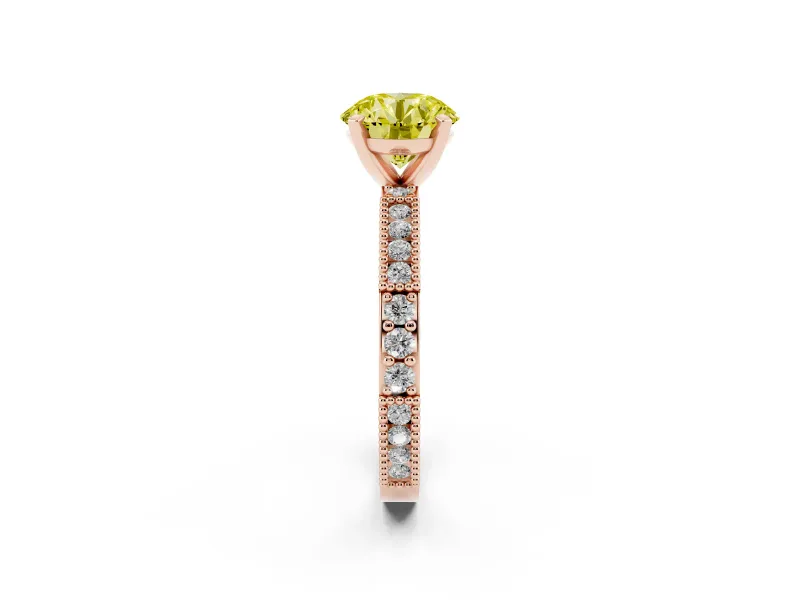 Fancy Yellow Round Cut Diamond Solitaire Ring Set in Rose gold with Slim Pavé Band and Prong Setting