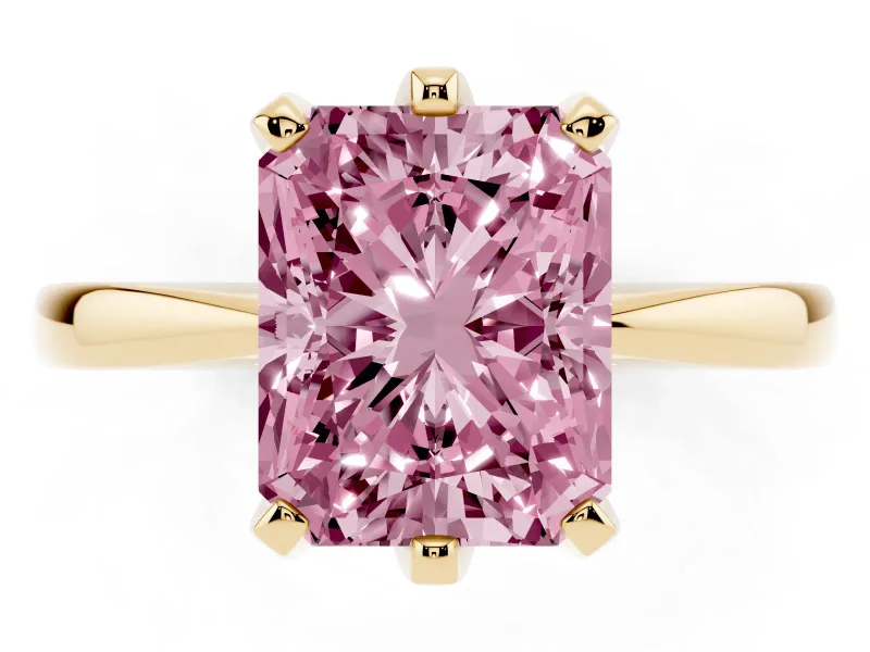 Fancy Pink Radiant Cut Diamond Solitaire Engagement Ring Set in Yellow gold with Slim Tapered Solitaire Band