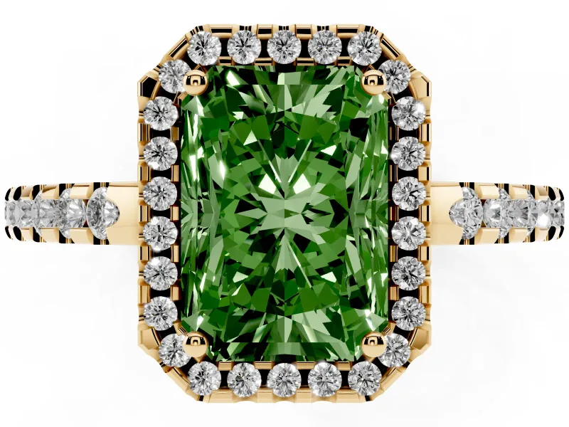 Radiant Cut Pave Halo Engagement Ring Setting for a Fancy Green Lab-Grown Diamond | Yellow Gold