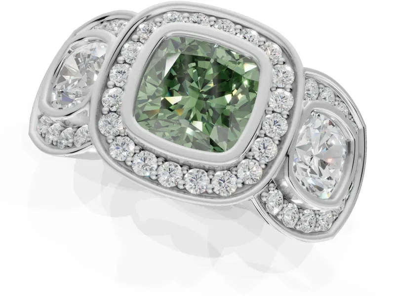 Cushion Cut Three Stone Halo Engagement Ring Setting for a Fancy Green Lab-Grown Diamond | Platinum