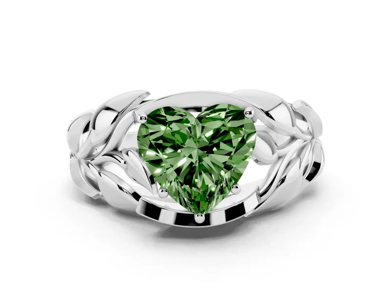 Fancy Green Heart Cut Diamond Leaf-Inspired Engagement Ring Set in Platinum with Round Accents